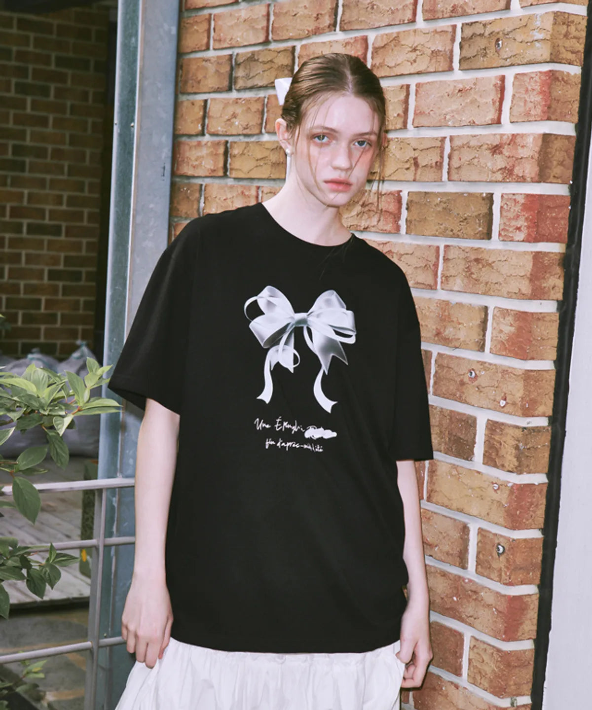 [RONRON] Double Ribbon Over Fit T Shirt Black