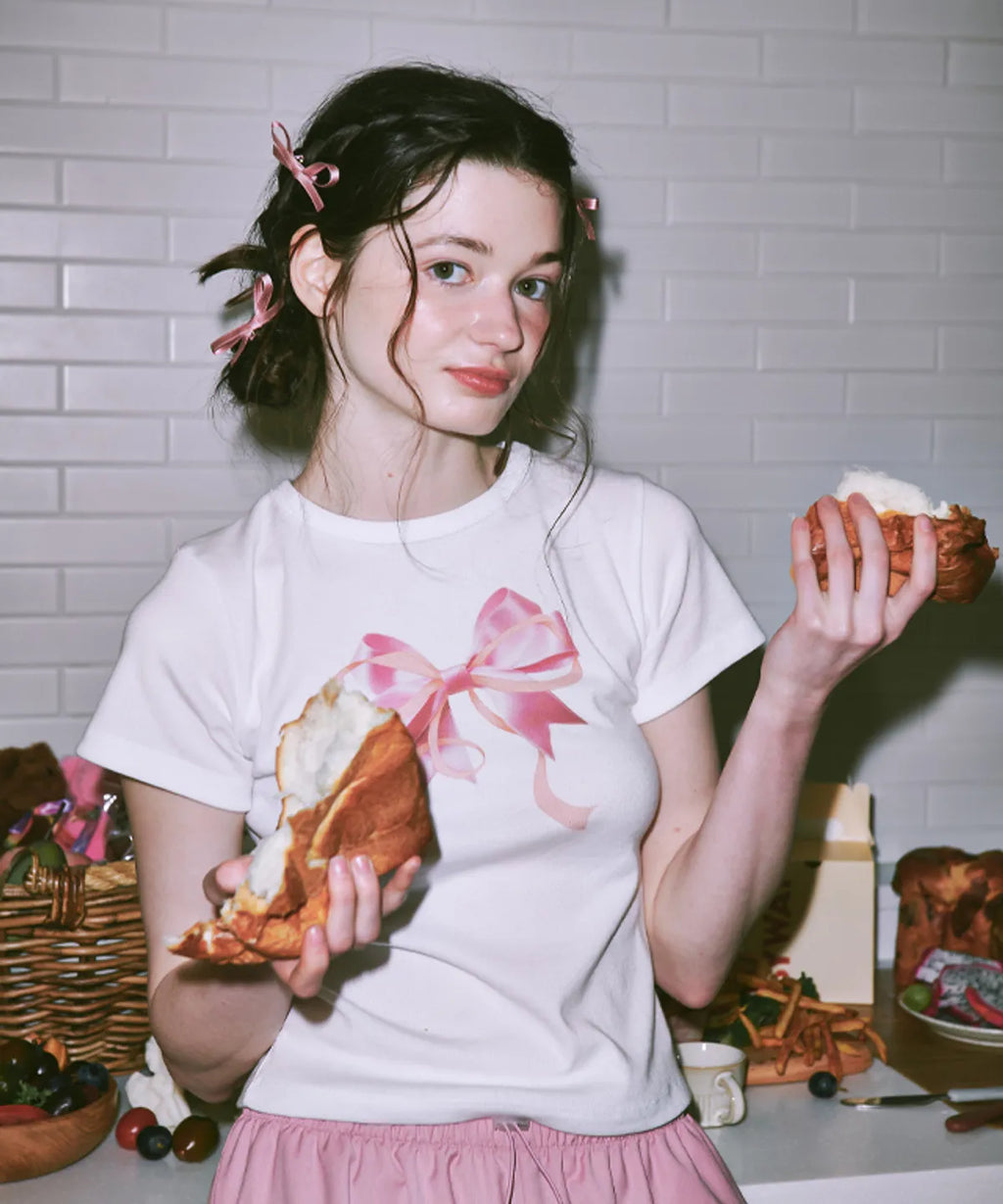 [RONRON] Double Ribbon Slim Crop T shirt - White Pink