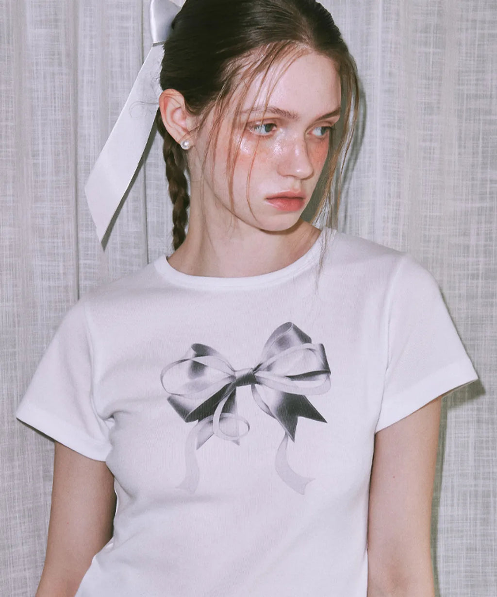 [RONRON] Double Ribbon Slim Crop T shirt - White Silver