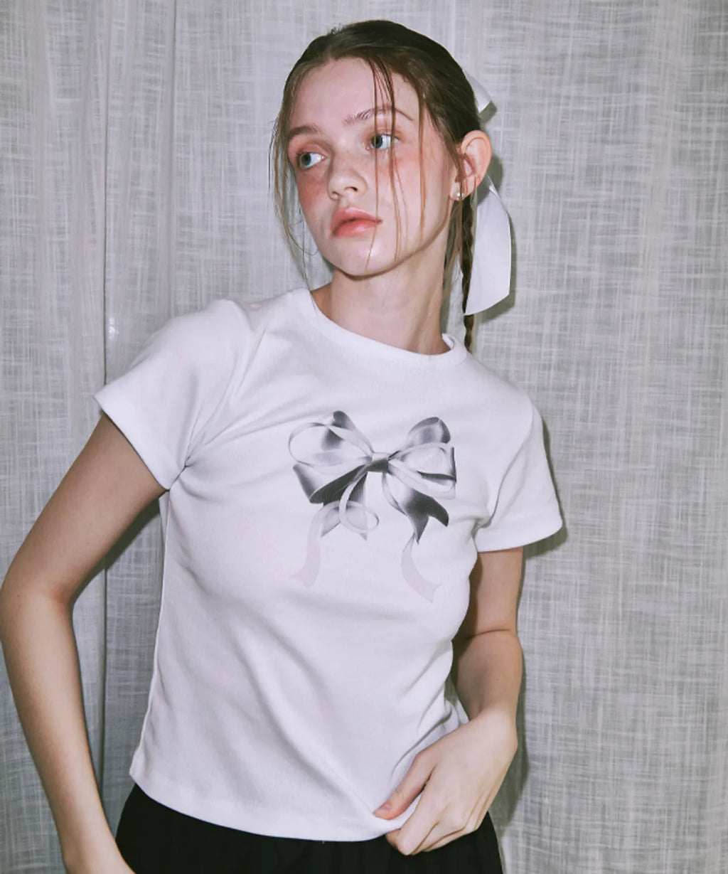 [RONRON] Double Ribbon Slim Crop T shirt - White Silver
