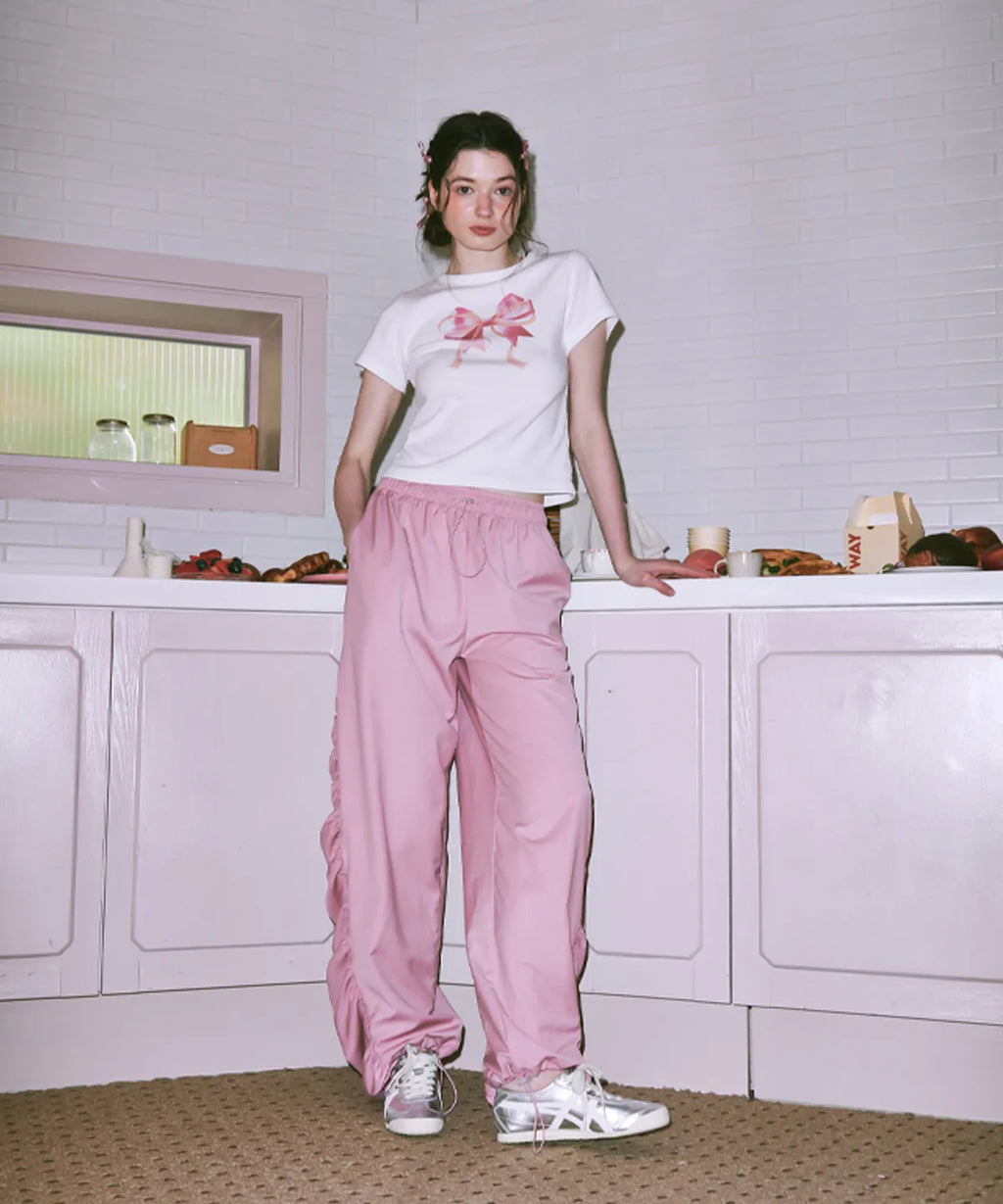 [RONRON] Double Ribbon Slim Crop T shirt - White Pink