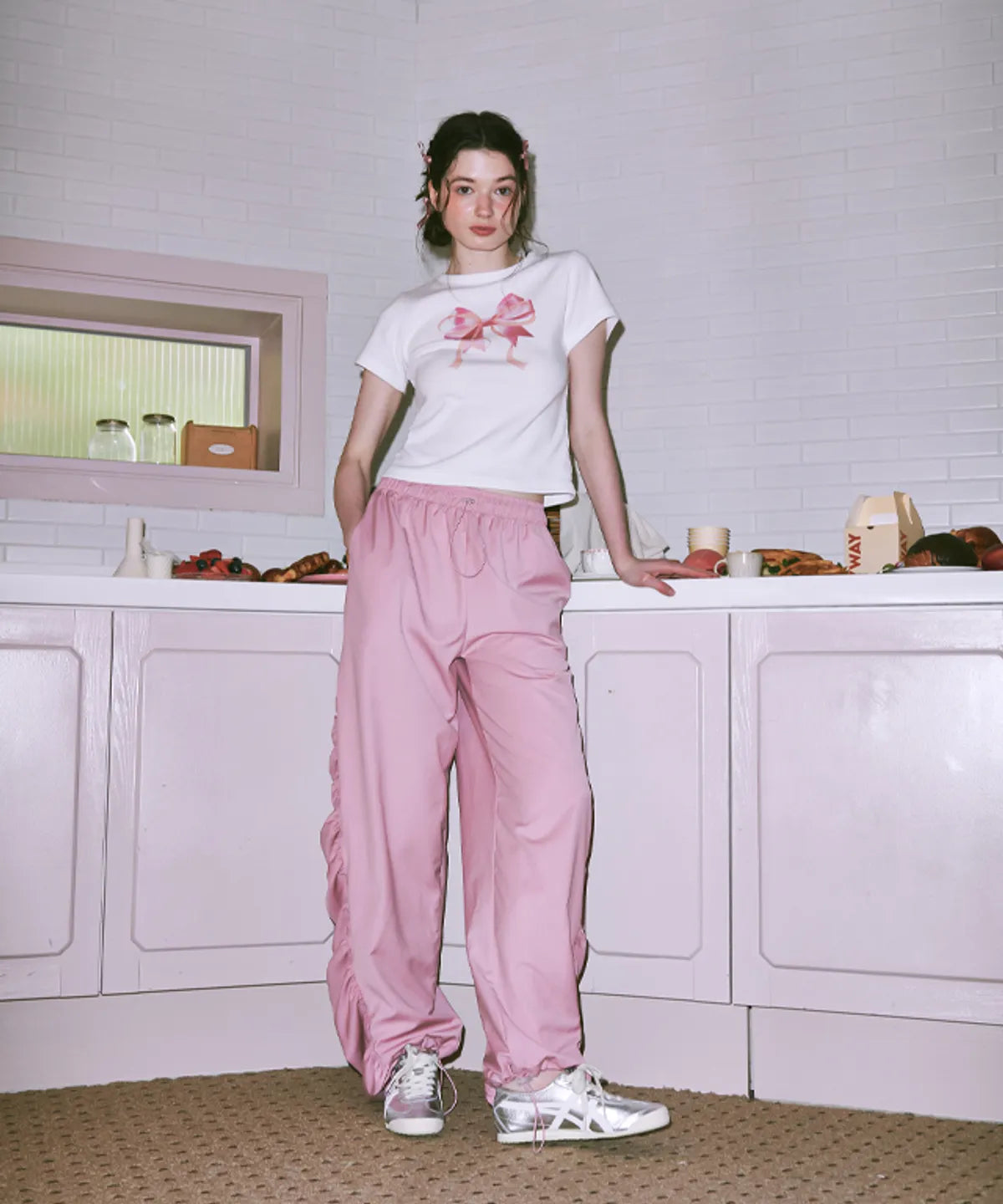 [RONRON] Double Ribbon Slim Crop T shirt - White Pink