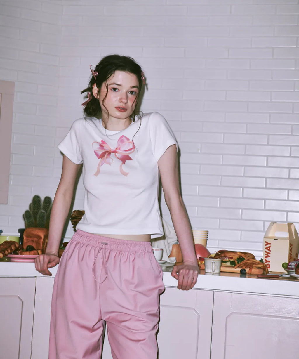 [RONRON] Double Ribbon Slim Crop T shirt - White Pink