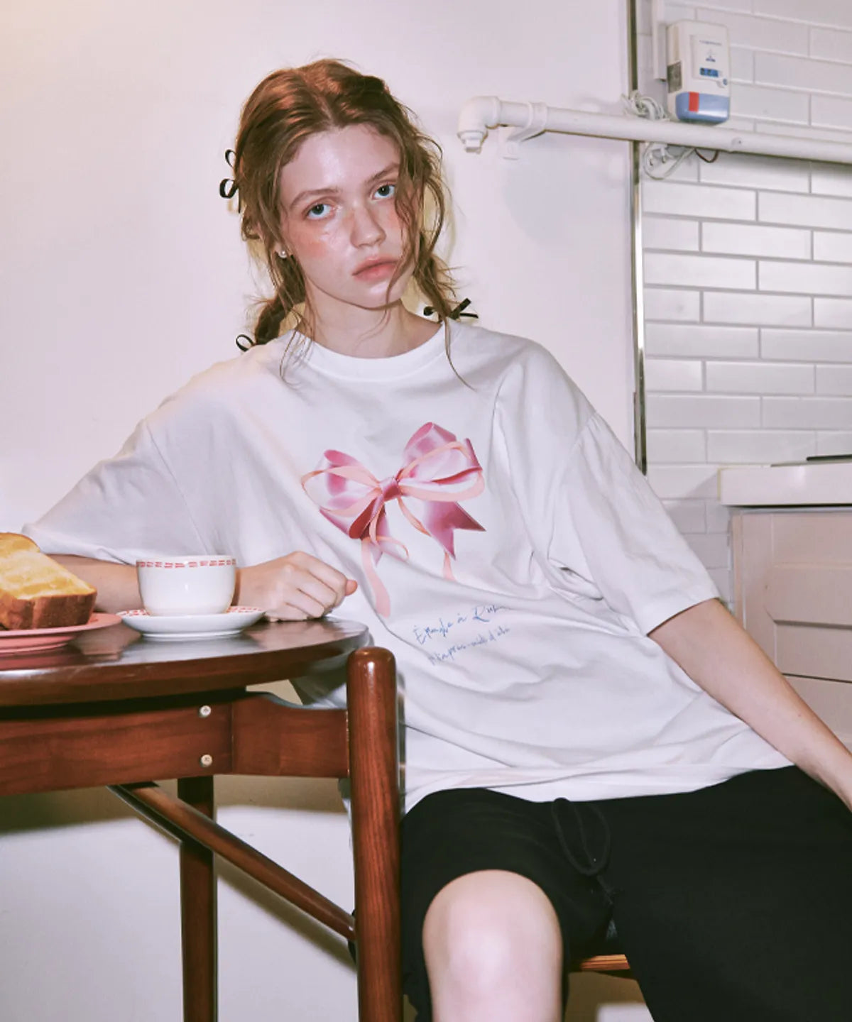 [RONRON] Double Ribbon Over Fit T Shirt Black