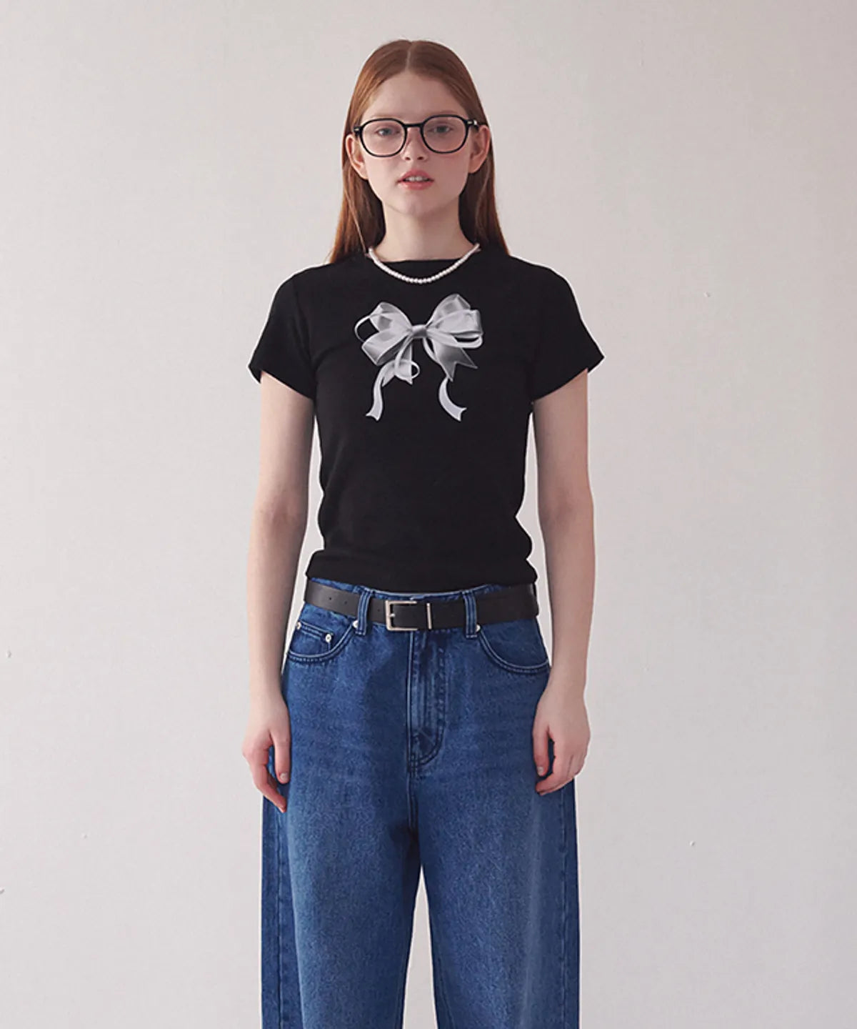 [RONRON] Double Ribbon Slim Crop T shirt - Black Silver