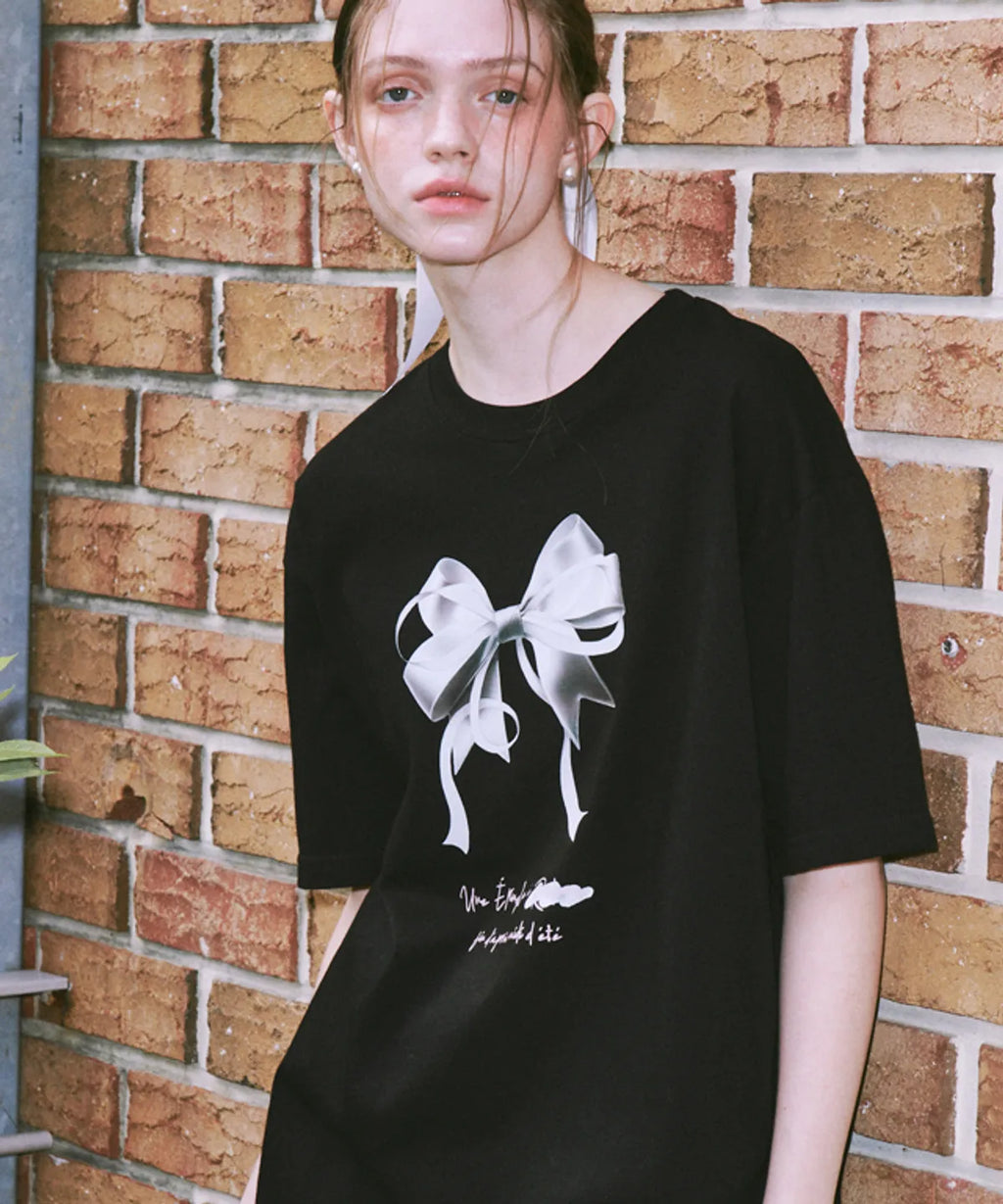 [RONRON] Double Ribbon Over Fit T Shirt Black