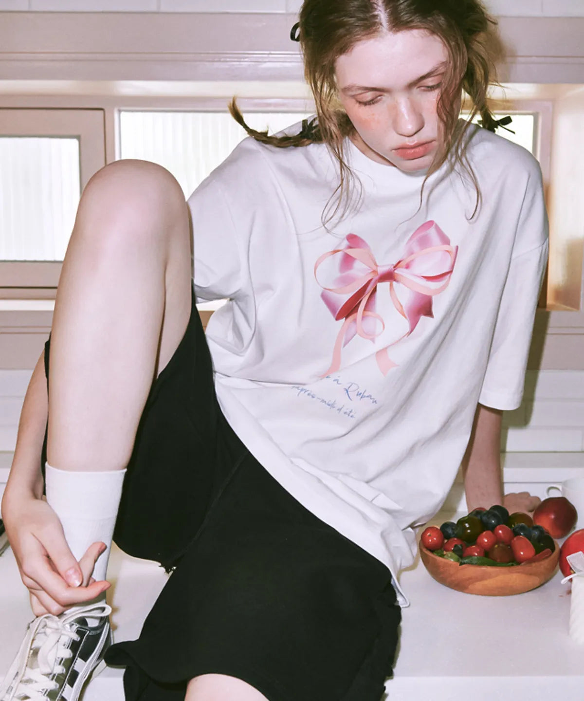 [RONRON] Double Ribbon Over Fit T Shirt White