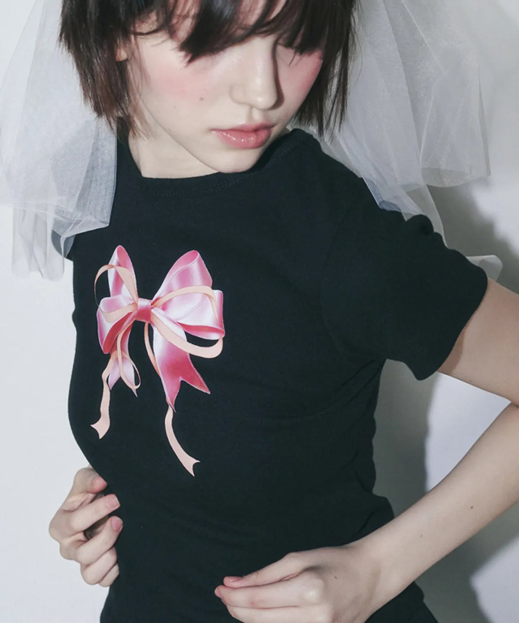 [RONRON] Double Ribbon Slim Crop T shirt - Black Pink