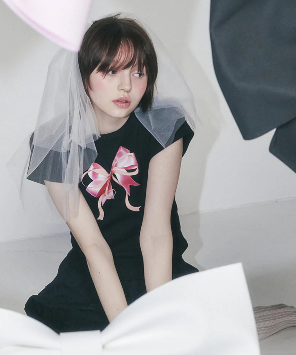 [RONRON] Double Ribbon Slim Crop T shirt - Black Pink