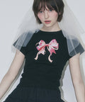 [RONRON] Double Ribbon Slim Crop T shirt - Black Pink