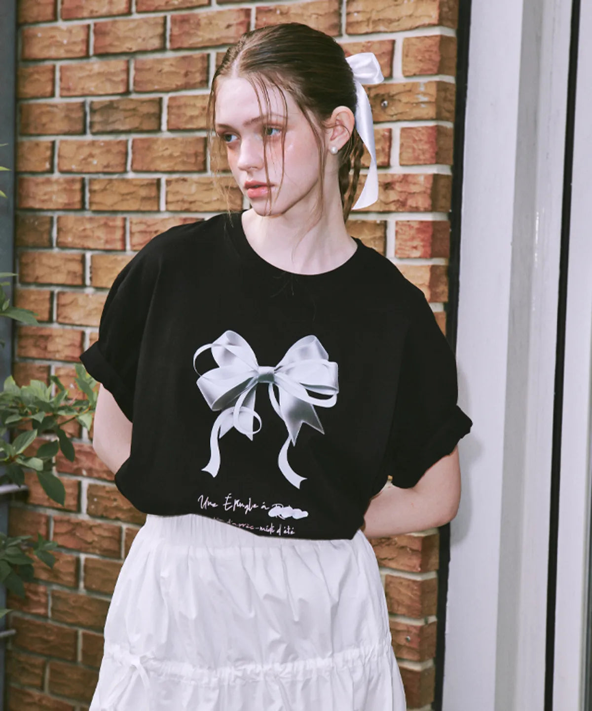 [RONRON] Double Ribbon Over Fit T Shirt Black