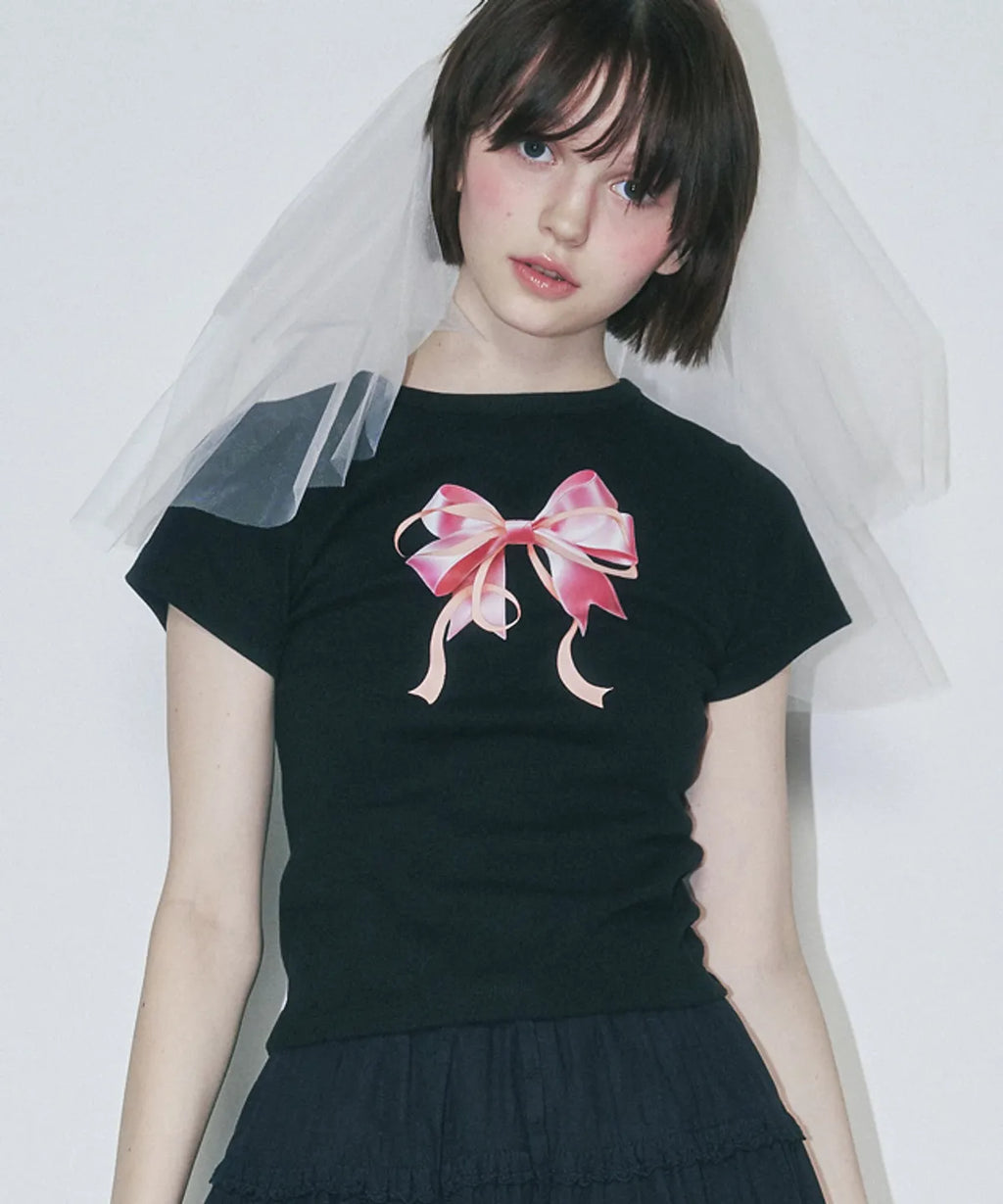 [RONRON] Double Ribbon Slim Crop T shirt - Black Pink