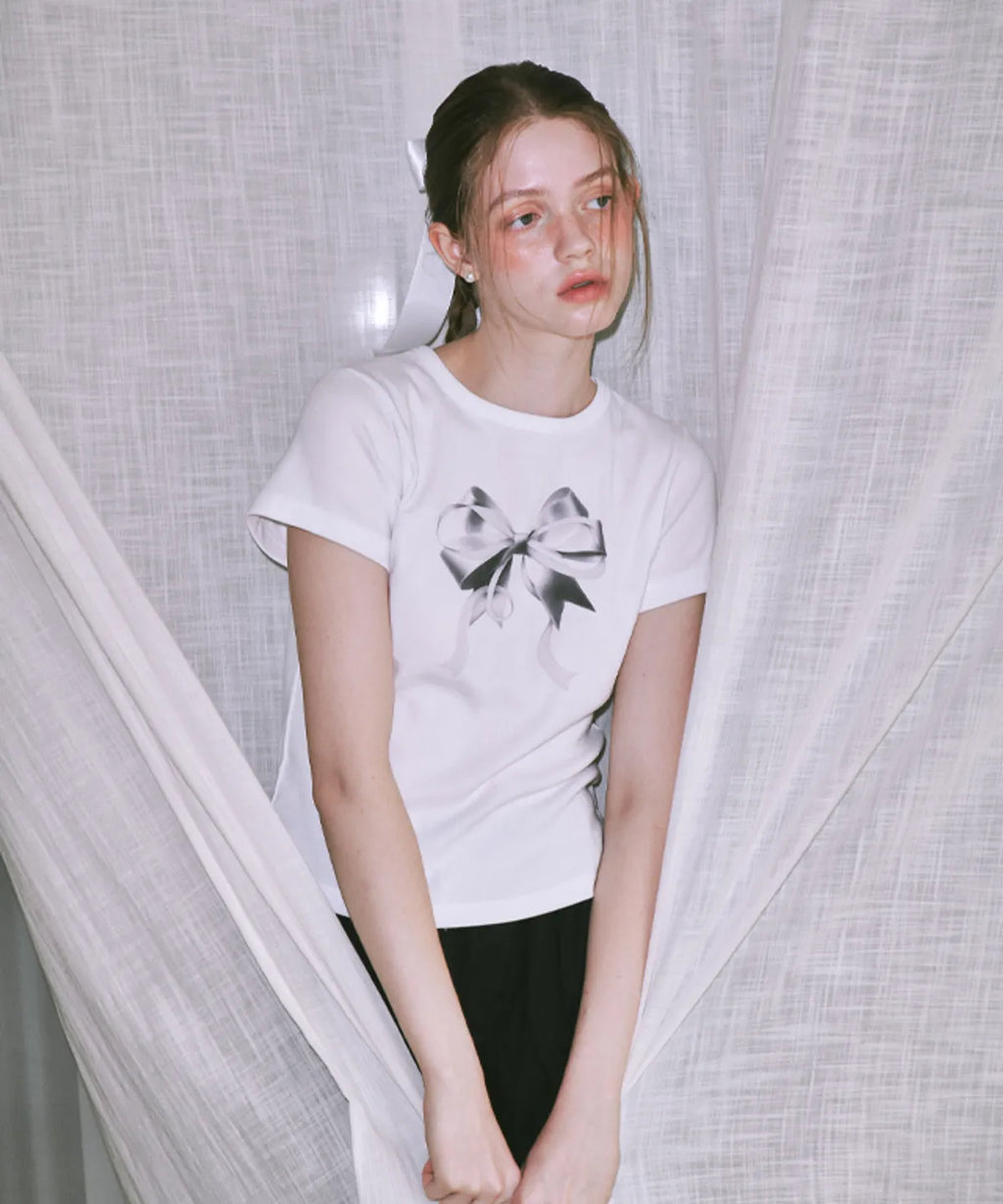 [RONRON] Double Ribbon Slim Crop T shirt - White Silver