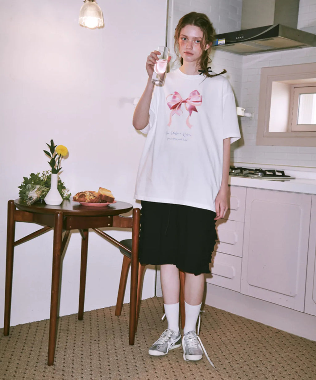 [RONRON] Double Ribbon Over Fit T Shirt White