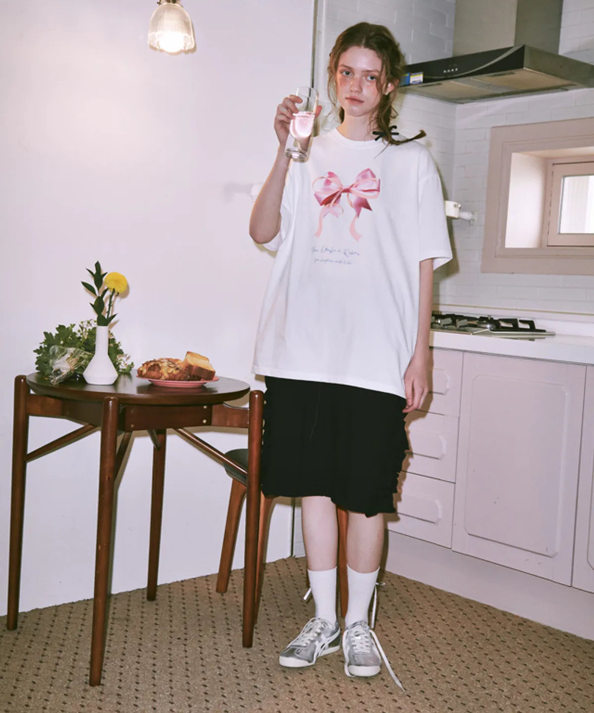 [RONRON] Double Ribbon Over Fit T Shirt White