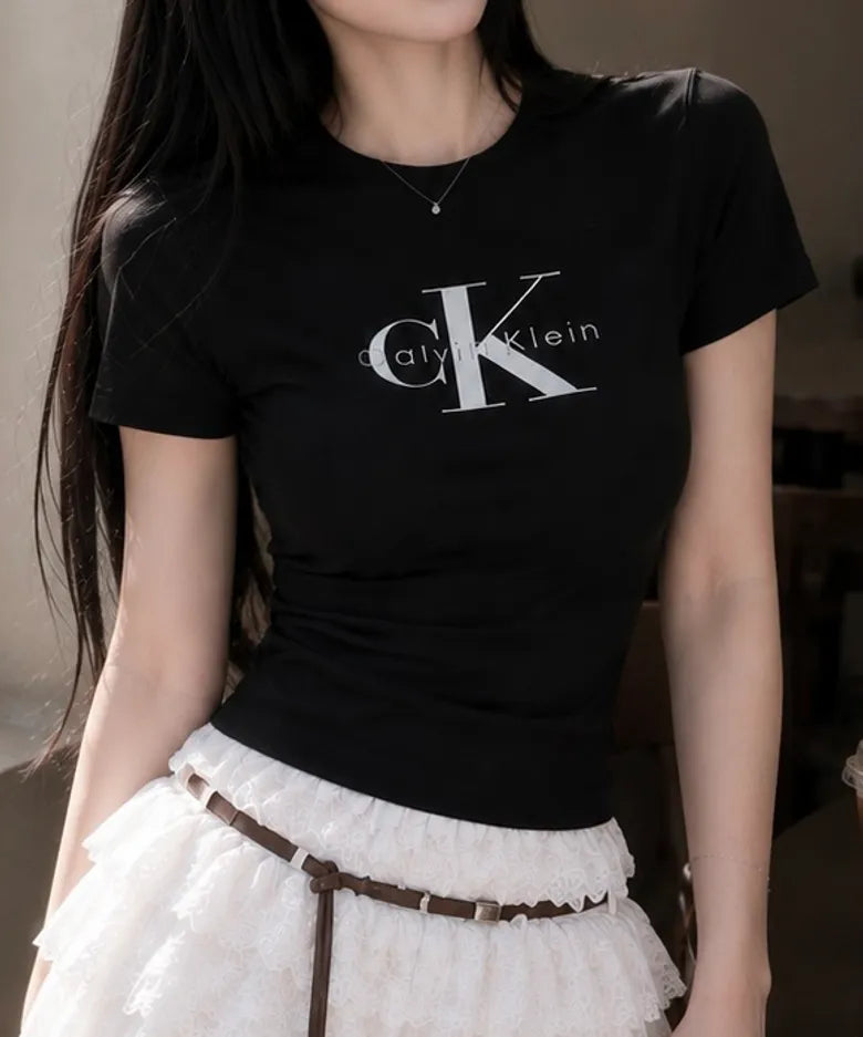 [Calvin Klein] Women’s Monogram Logo Short Sleeve T-Shirt (Black)