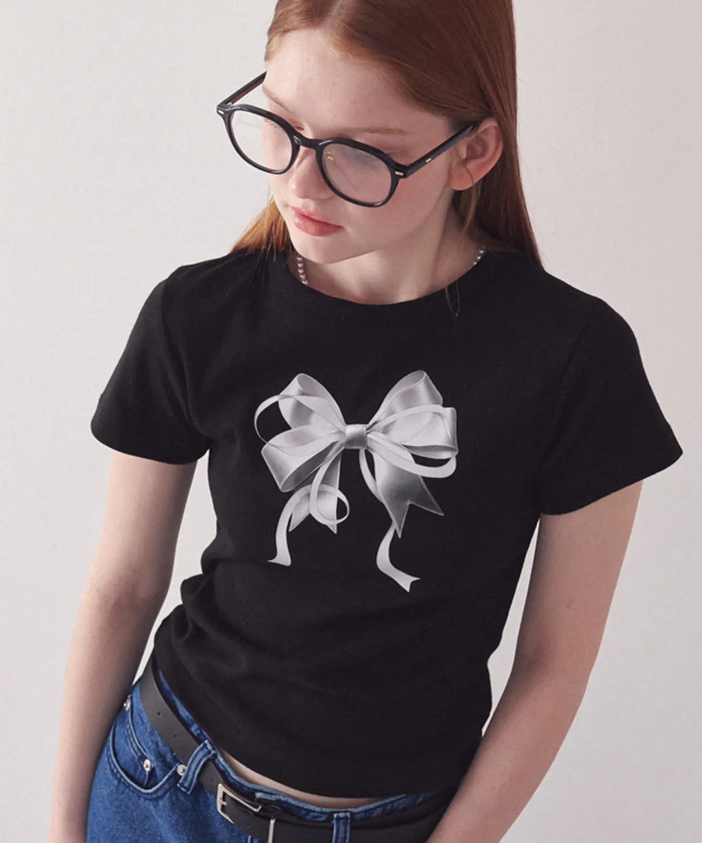 [RONRON] Double Ribbon Slim Crop T shirt - Black Silver