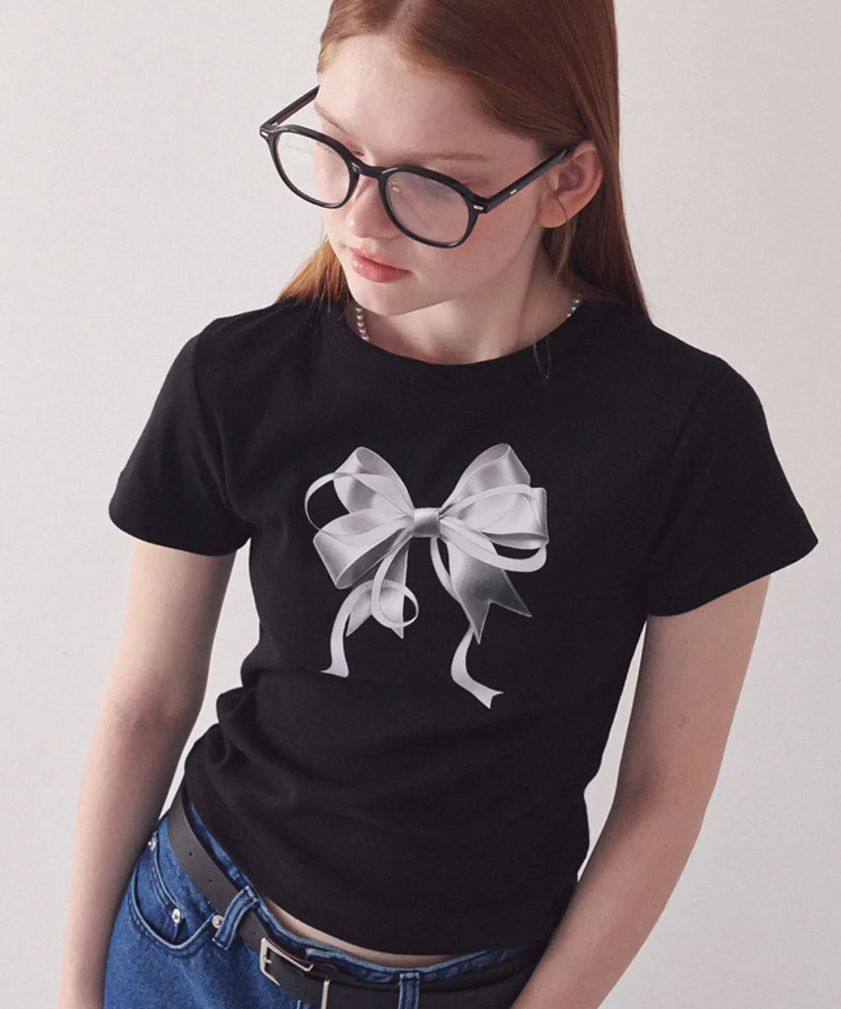 [RONRON] Double Ribbon Slim Crop T shirt - Black Silver