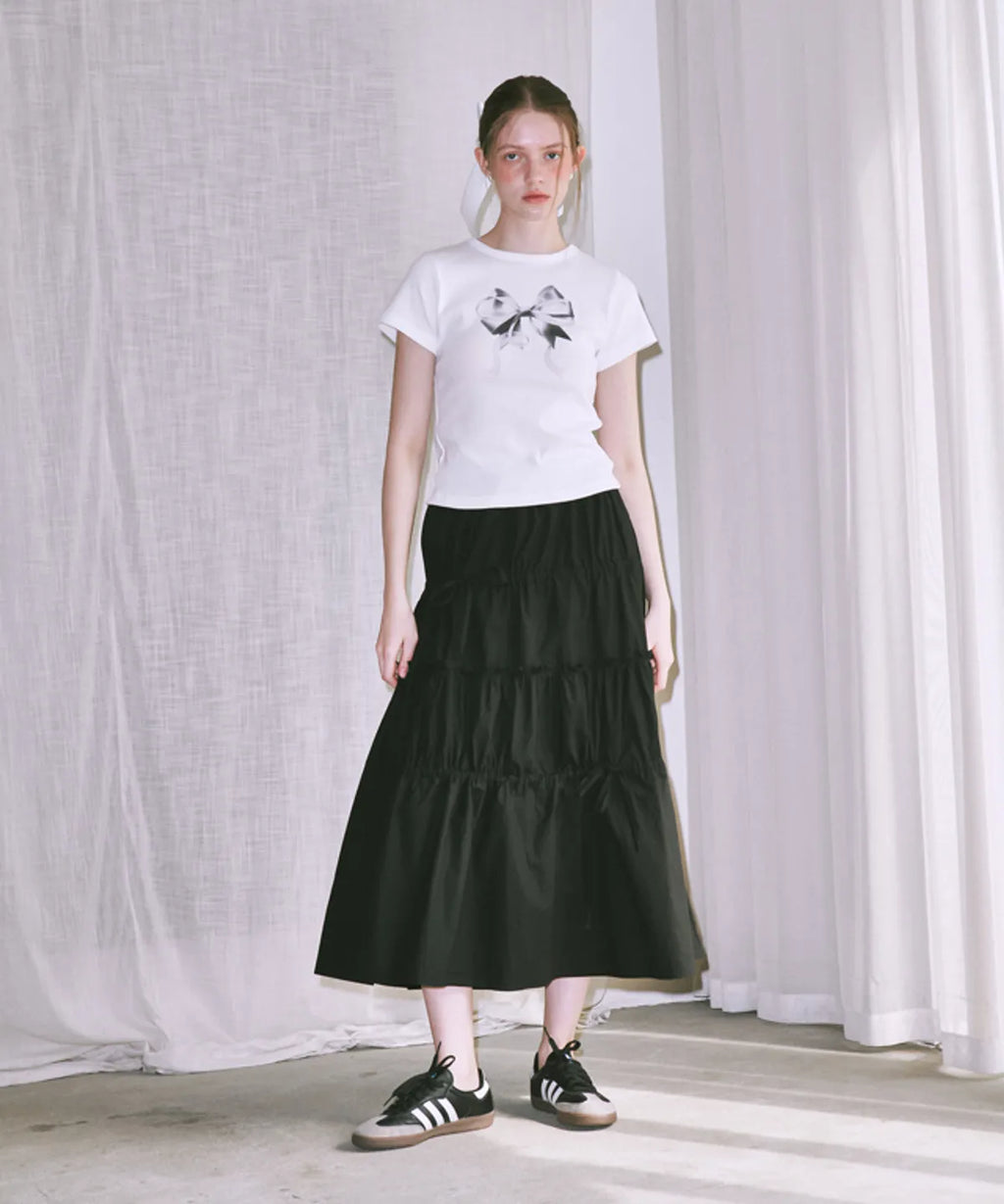 [RONRON] Double Ribbon Slim Crop T shirt - White Silver