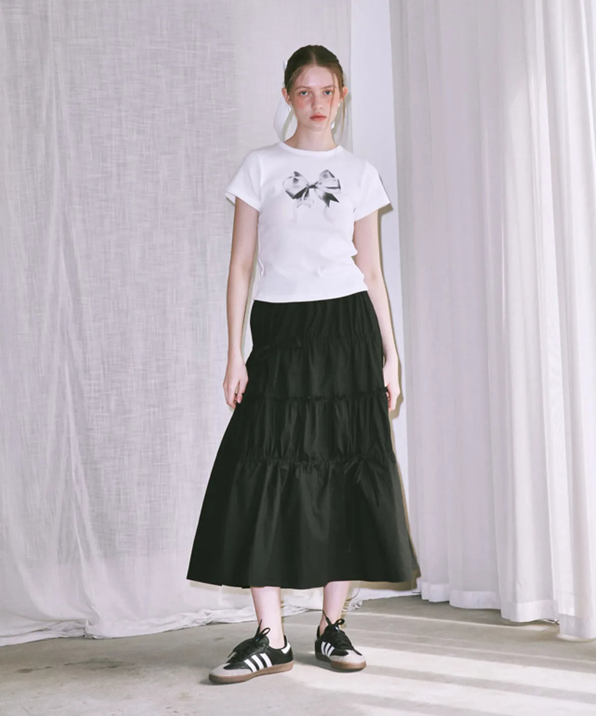 [RONRON] Double Ribbon Slim Crop T shirt - White Silver