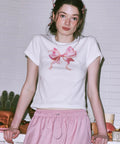 [RONRON] Double Ribbon Slim Crop T shirt - White Pink