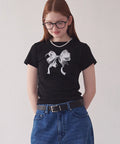 [RONRON] Double Ribbon Slim Crop T shirt - Black Silver